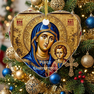 Eerste Kerstmis Madonna & Kind Byzantijns Middelee Keramisch Ornament