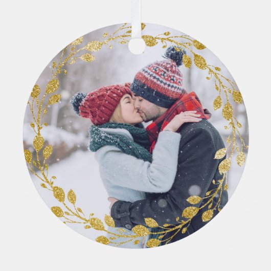 Eerste Kerstmis man en vrouw Gold Wreath Foto Metalen Ornament (Achterkant)