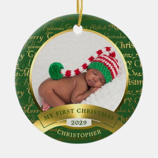 Eerste Kerstmis Mele Kalikimaka Hawaiian Foto Cer Keramisch Ornament (Voorkant)