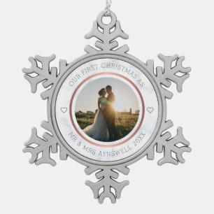 Eerste kerstmis meneer en mevrouw foto elegante ma tin sneeuwvlok ornament