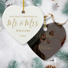 Eerste kerstmis meneer mevrouw goud handtekening s keramisch ornament