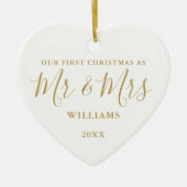 Eerste kerstmis meneer mevrouw goud handtekening s keramisch ornament (Voorkant)
