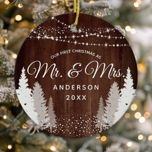 Eerste kerstmis meneer mevrouw houten winter sling keramisch ornament