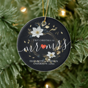 Eerste kerstmis meneer mevrouw huwelijks witte blo keramisch ornament