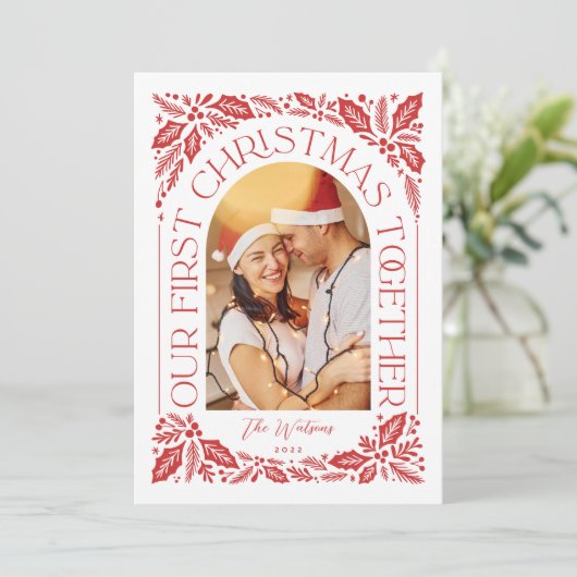 Eerste Kerstmis met Arch Red 3 Foto Collage Feestdagenkaart (Staand voorkant)