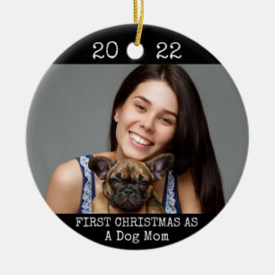 Eerste Kerstmis met Dog Mam 2 Foto 2 Sided Black Keramisch Ornament