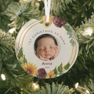 Eerste Kerstmis met Nana Baby Foto zonnebloemen Glas Ornament