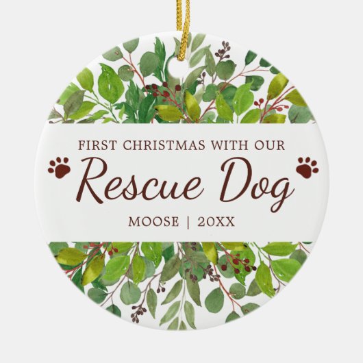Eerste Kerstmis met onze reddingshond op maat Keramisch Ornament (Voorkant)