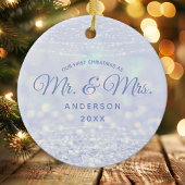 Eerste Kerstmis: mevrouw Blue Silver Winter Glitte Keramisch Ornament