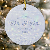 Eerste Kerstmis: mevrouw Blue Silver Winter Glitte Keramisch Ornament