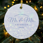 Eerste Kerstmis: mevrouw Blue Silver Winter Glitte Keramisch Ornament