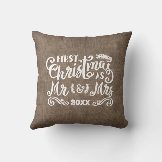 Eerste Kerstmis: mevrouw Rustic Country Burlap Kussen (Achterkant)