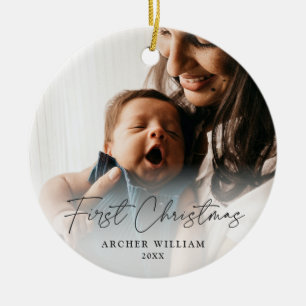 Eerste kerstmis modern handgeschreven babyfoto keramisch ornament
