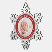 Eerste Kerstmis, moderne foto rood en wit voor bab Tin Sneeuwvlok Ornament (Rechts)