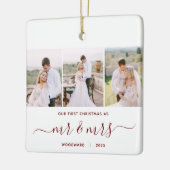 Eerste Kerstmis Mr en Mrs 3 Foto Rood Script Keramisch Ornament (Links)