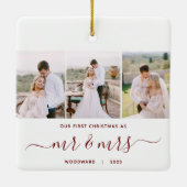 Eerste Kerstmis Mr en Mrs 3 Foto Rood Script Keramisch Ornament (Achterkant)