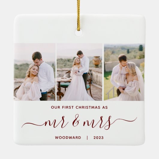 Eerste Kerstmis Mr en Mrs 3 Foto Rood Script Keramisch Ornament (Achterkant)