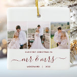 Eerste Kerstmis Mr en Mrs 3 Foto Rood Script Keramisch Ornament<br><div class="desc">Herdenk je eerste kerst als pasgetrouwden met dit prachtige moderne aandenken ornament. De rode bordeauxrode tekst luidt "Our first Christmas as", met de woorden "mr & mrs" in een elegant handschrift met bloemen voor en na. Vervang de drie voorbeeldfoto's door uw favoriete verticale afbeeldingen en voeg uw achternaam of achternamen...</div>