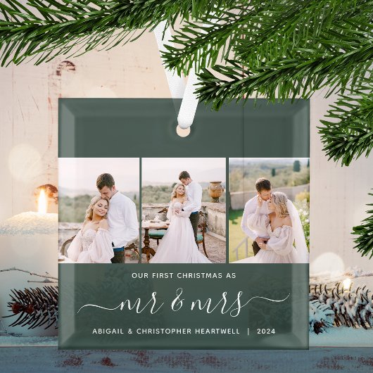 Eerste Kerstmis Mr en Mrs 3 Fotoscript Groen Glas Ornament