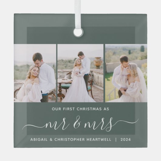 Eerste Kerstmis Mr en Mrs 3 Fotoscript Groen Glas Ornament (Voorkant)