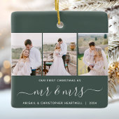 Eerste Kerstmis Mr en Mrs 3 Fotoscript Groen Keramisch Ornament