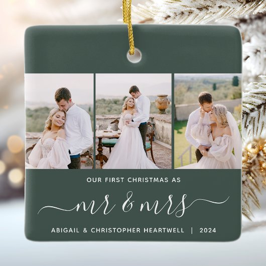 Eerste Kerstmis Mr en Mrs 3 Fotoscript Groen Keramisch Ornament