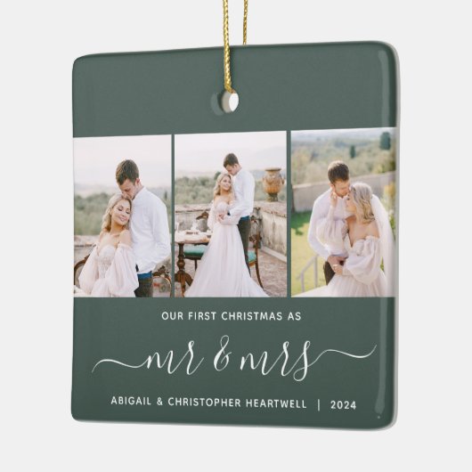 Eerste Kerstmis Mr en Mrs 3 Fotoscript Groen Keramisch Ornament (Links)