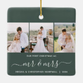 Eerste Kerstmis Mr en Mrs 3 Fotoscript Groen Keramisch Ornament (Achterkant)