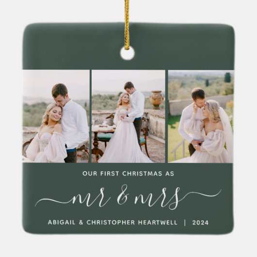 Eerste Kerstmis Mr en Mrs 3 Fotoscript Groen Keramisch Ornament (Achterkant)