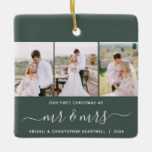 Eerste Kerstmis Mr en Mrs 3 Fotoscript Groen Keramisch Ornament (Voorkant)