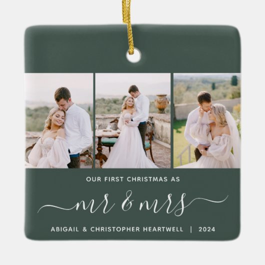 Eerste Kerstmis Mr en Mrs 3 Fotoscript Groen Keramisch Ornament (Voorkant)