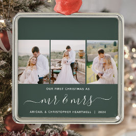 Eerste Kerstmis Mr en Mrs 3 Fotoscript Groen Metalen Ornament