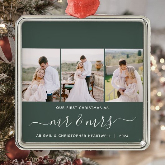 Eerste Kerstmis Mr en Mrs 3 Fotoscript Groen Metalen Ornament