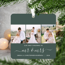 Eerste Kerstmis Mr en Mrs 3 Fotoscript Groen Metalen Ornament