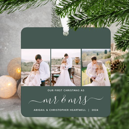 Eerste Kerstmis Mr en Mrs 3 Fotoscript Groen Metalen Ornament