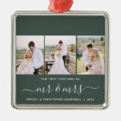 Eerste Kerstmis Mr en Mrs 3 Fotoscript Groen Metalen Ornament (Voorkant)