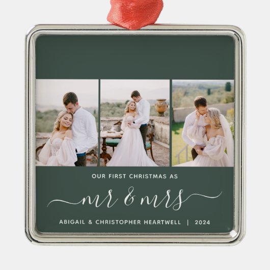 Eerste Kerstmis Mr en Mrs 3 Fotoscript Groen Metalen Ornament (Voorkant)