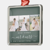Eerste Kerstmis Mr en Mrs 3 Fotoscript Groen Metalen Ornament (Links)