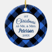 Eerste Kerstmis: Mr. en Mrs. Buffalo Blue Play. Keramisch Ornament (Achterkant)