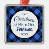 Eerste Kerstmis: Mr. en Mrs. Buffalo Blue Play. Metalen Ornament (Voorkant)