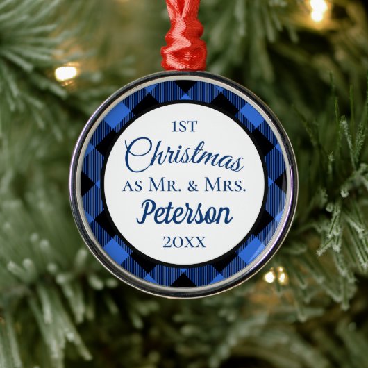 Eerste Kerstmis: Mr. en Mrs. Buffalo Blue Play. Metalen Ornament (Boom)