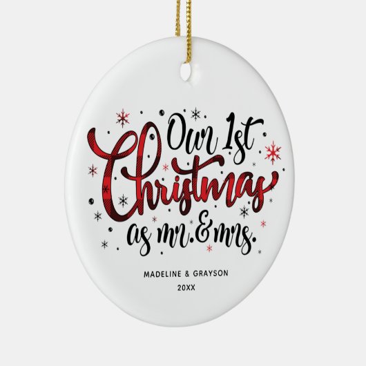 Eerste Kerstmis Mr. en Mrs Buffalo Print Keramisch Ornament (Rechts)