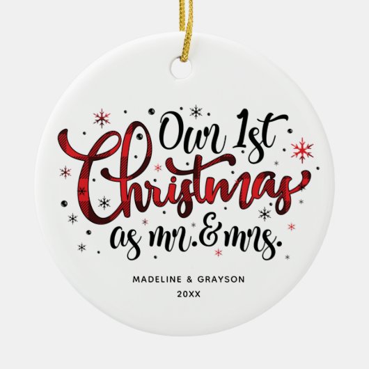Eerste Kerstmis Mr. en Mrs Buffalo Print Keramisch Ornament (Voorkant)