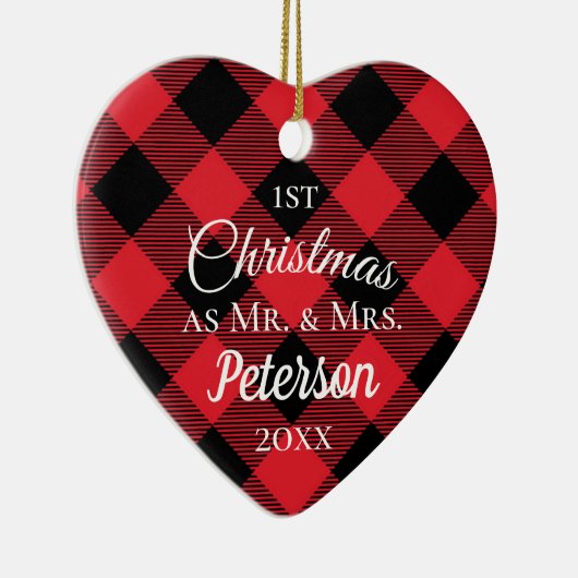 Eerste Kerstmis: Mr en Mrs Buffalo Pset Heart. Keramisch Ornament (Rechts)