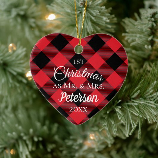 Eerste Kerstmis: Mr en Mrs Buffalo Pset Heart. Keramisch Ornament (Boom)