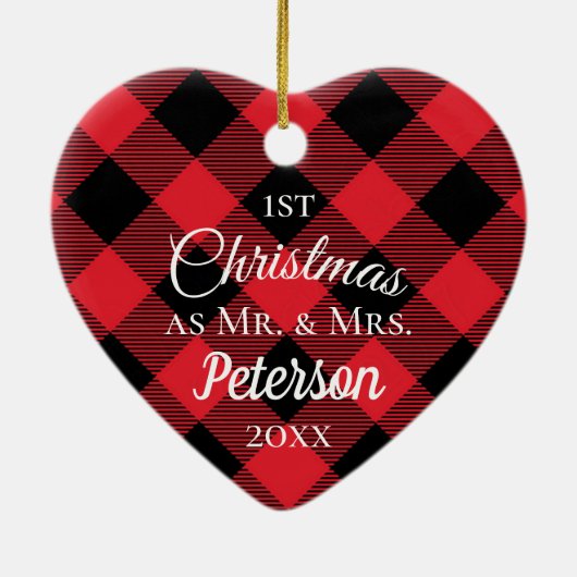 Eerste Kerstmis: Mr en Mrs Buffalo Pset Heart. Keramisch Ornament (Achterkant)