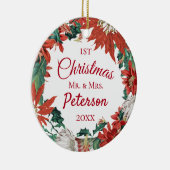 Eerste Kerstmis: Mr. en Mrs. Flower Wreath Keramisch Ornament (Rechts)