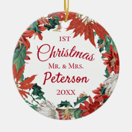 Eerste Kerstmis: Mr. en Mrs. Flower Wreath Keramisch Ornament