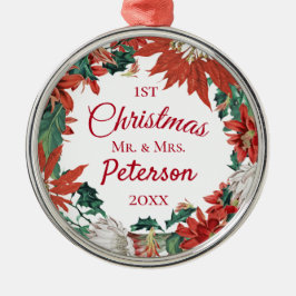 Eerste Kerstmis: Mr. en Mrs. Flower Wreath Metalen Ornament