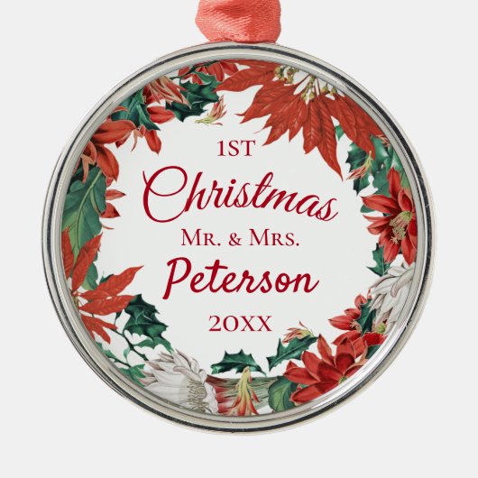 Eerste Kerstmis: Mr. en Mrs. Flower Wreath Metalen Ornament (Voorkant)